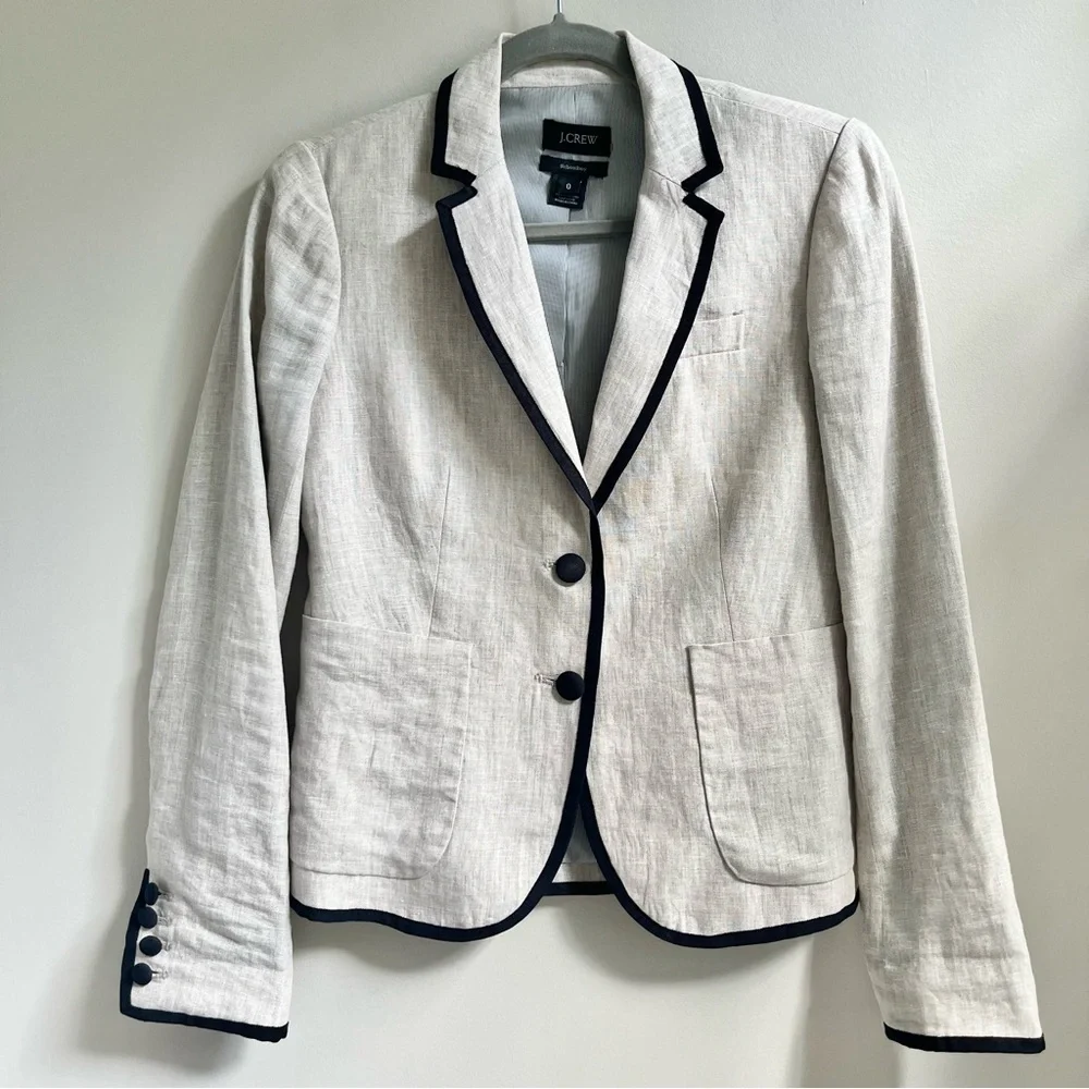 J. Crew Tan Linen and Black Trim Schoolboy Blazer 0